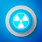 White Radioactive icon isolated on blue background. Radioactive toxic symbol. Radiation Hazard sign. Circle blue button