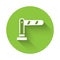 White Railway barrier icon isolated with long shadow. Green circle button. Vector