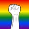White raised fist with black outline on gradient background with lgbt flag colors. Depicting freedom, equality and same human