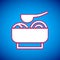 White Ramen soup bowl with noodles icon isolated on blue background. Bowl of traditional asian noodle soup. Vector