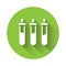 White Reagent bottle for physics and chemistry icon isolated with long shadow. Green circle button. Vector