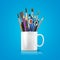 White realistic cup with office supplies, pencils, pens, scissors, ruler, paint brushes. Vector conceptual image of office life.