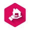 White Realtor icon isolated with long shadow. Buying house. Pink hexagon button. Vector