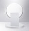 White rectangle pedestal, 3d exhibit displays. Spotlight illuminates pedestal. 3D render