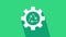 White Recycle symbol and gear icon isolated on green background. Circular arrow icon. Environment recyclable go green