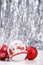 White and Red Christmas ornaments on glitter bokeh background with space for text. Xmas and Happy New Year