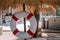 White red lifebuoy hang under tropical palm leaf umbrella, blurry hotel area background