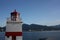 white and red lighthouse and mountain in background