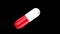 White red pharmaceutical capsule is rotating isolated on the black background. 3D rendering closeup with alpha channel.