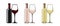 White, red and rose wine bottles and glasses, flat style vector illustration isolated on white background