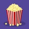 White and red striped paper popcorn bag isolated on background. Classic movie-theater full popcorn box. food cinema