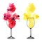 White and red wine splashes and winy glasses on white background. Hand-painted watercolor illustration