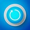 White Refresh icon isolated on blue background. Circle blue button with white line. Vector Illustration.