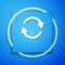 White Refresh icon isolated on blue background. Reload symbol. Rotation arrows in a circle sign. Blue square button