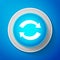 White Refresh icon isolated on blue background. Reload symbol. Rotation arrows in a circle sign. Circle blue button with