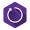 White Refresh icon isolated with long shadow. Purple hexagon button