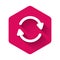 White Refresh icon isolated with long shadow. Reload symbol. Rotation arrows in a circle sign. Pink hexagon button