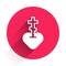 White Religious cross in the heart inside icon isolated with long shadow. Love of God, Catholic and Christian symbol