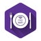 White Restaurant Free Wi-Fi zone icon isolated with long shadow. Plate, fork and knife sign. Purple hexagon button