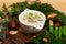 White Restaurant Plate with Cream Boletus Mushroom Soup