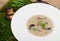 White Restaurant Plate with Cream Boletus Mushroom Soup