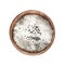 White rice and black sesame seeds in a wooden bowl on white background.
