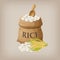 White rice in small burlap sack. Vector illustration