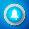 White Ringing bell icon isolated on blue background. Alarm symbol, service bell, handbell sign, notification symbol
