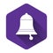 White Ringing bell icon isolated with long shadow. Alarm symbol, service bell, handbell sign, notification symbol