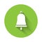 White Ringing bell icon isolated with long shadow. Alarm symbol, service bell, handbell sign, notification symbol. Green