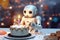 White robot celebrates a birthday, blows out the candles on the cake.