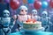 White robot celebrates a birthday, blows out the candles on the cake.