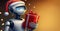 White robot in Santa hat holding a red gift box over golden back