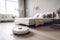 White robot vacuum cleaner cleans the bedroom, cleanliness and order in the room