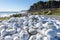 White rocks with messages written on them by travellers at Bruce Bay, on the West Coast of New Zealand