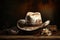 White rodeo hat, lasso, boots on distressed barn wood