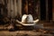 White rodeo hat, lasso, boots on distressed barn wood