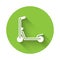 White Roller scooter for children icon isolated with long shadow. Kick scooter or balance bike. Green circle button