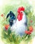 White Rooster Farm Bird surrounded by flowers Watercolor Illustration Hand Painted