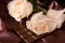 White roses on brown silk and chocolate