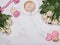 White roses, coffee and macarons on the marble background