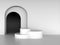 White round podiums on the backdrop of arches. 3D rendering