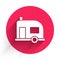 White Rv Camping trailer icon isolated with long shadow. Travel mobile home, caravan, home camper for travel. Red circle