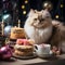 a white sacred birman celebrating her birthday with cake and her friends