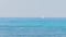 White sail on aquamarine sea, waves, swimming people, boats