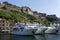 White sailboat moored at the port of Bonifacio