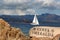 White sailboat in Sardinia, Costa Esmeralda, Italy