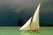 White sailed pirogue in front of dark clouds