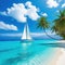 A white sailing yacht anchored in turquoise water near to a picture perfect white sand beach on a tropical island in