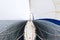 White sailing yacht sailing, view from the bow of the ship. Wide abstract panorama